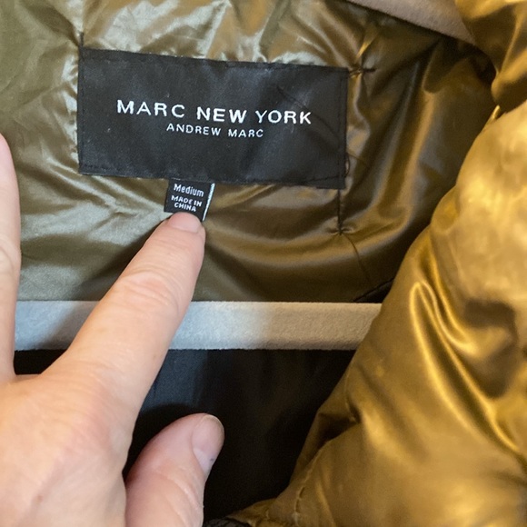 Andrew Marc long olive green puffer coat with furred hood. Zipper, snaps. Med - Picture 4 of 7